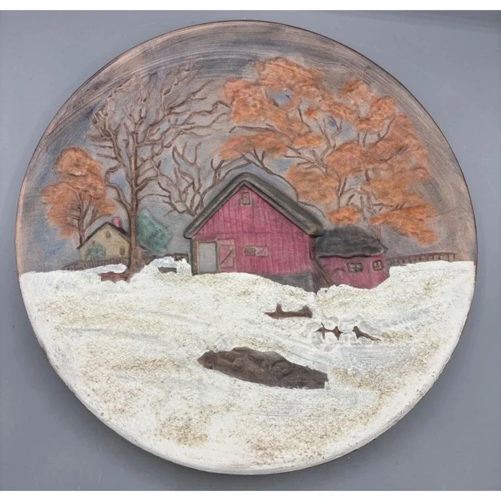 Vtg 2 Pc‎ Byron Mold Seasons Fall Hand Painted 3D Autumn Winter Scene Wall Decor